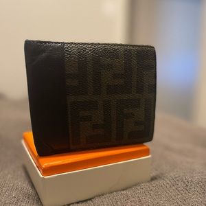 FENDI Brown Tobacco Zucca Canvas FF Logo Bifold Thin Wallet